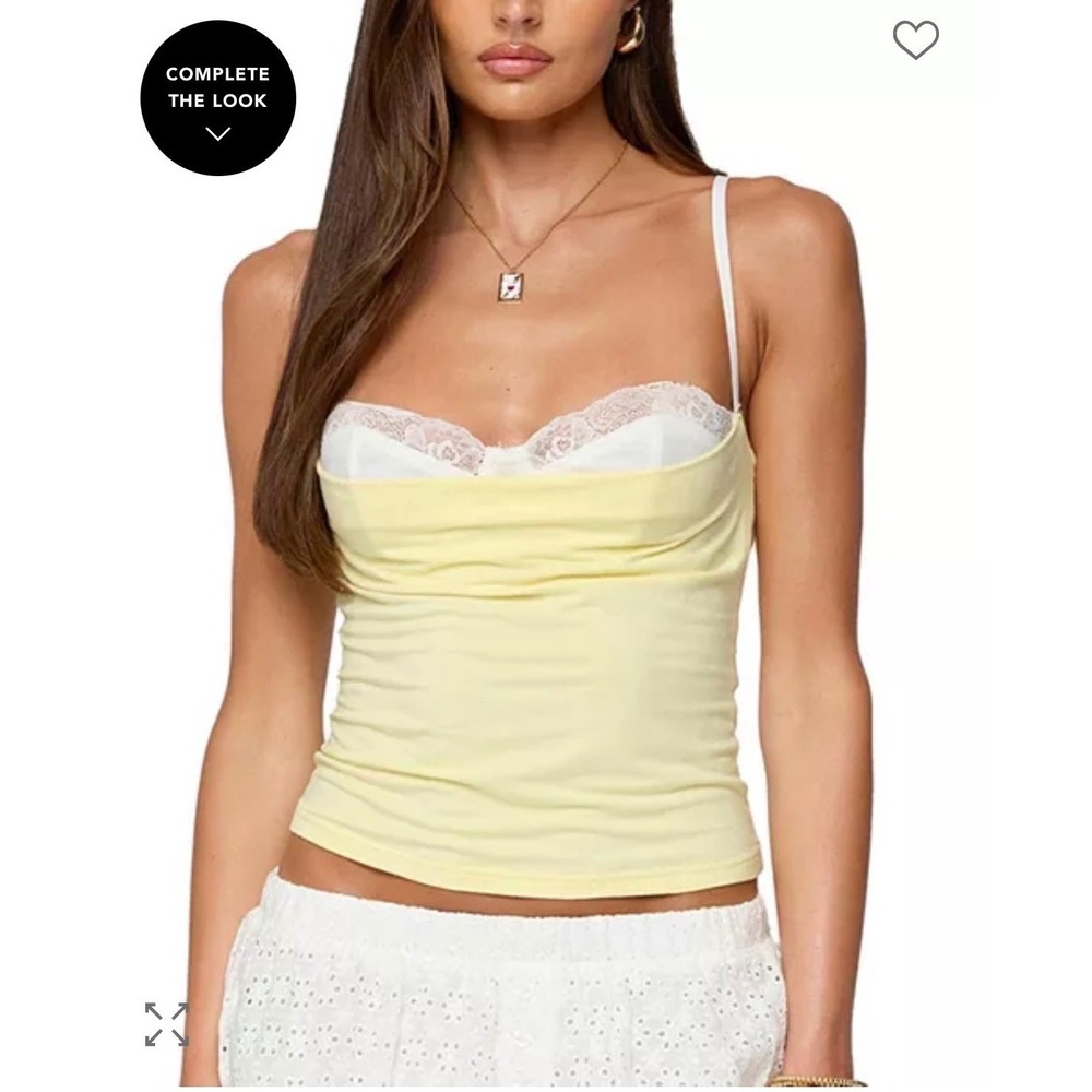 Pastel Yellow Lace Trim Camisole Tie Back Cowl Neck Crop Top Y2K coquette